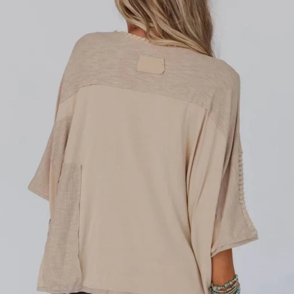 POL boutique Boho Beige Mixed-Knit V-Neck Top - Picture 2 of 6
